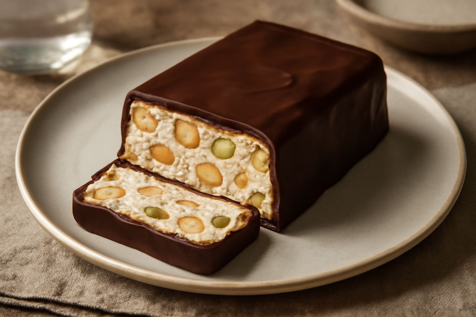 Fette di torrone croccante ricoperte di cioccolato fondente lucido, impilate su una carta pergamena bianca, con mandorle tostate visibili nella sezione trasversale