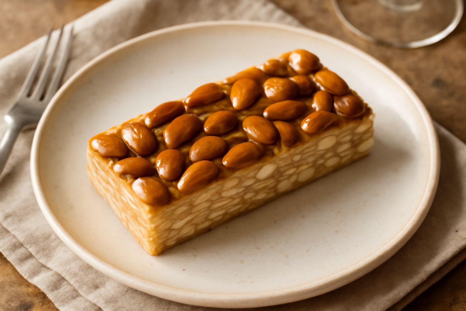 Torrone salentino tagliato a pezzi irregolari su un piatto bianco, dorato chiaro con sfumature avorio, mandorle intere visibili sulla superficie, cornice di frutta secca attorno
