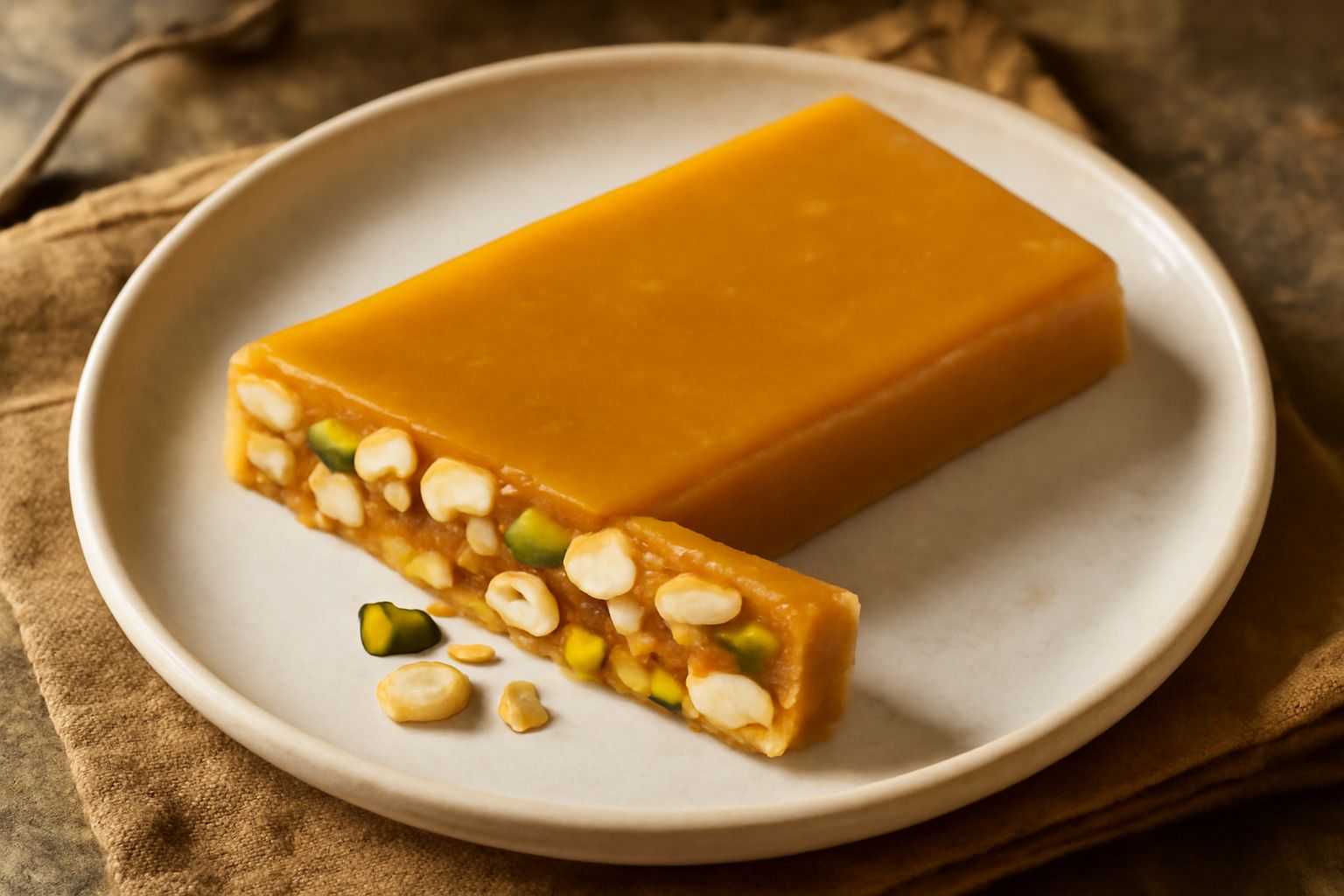 Torrone siciliano tagliato in rettangoli, con superficie dorata e lucente, mandorle visibili sulla texture croccante, su un piatto bianco con sfondo neutro