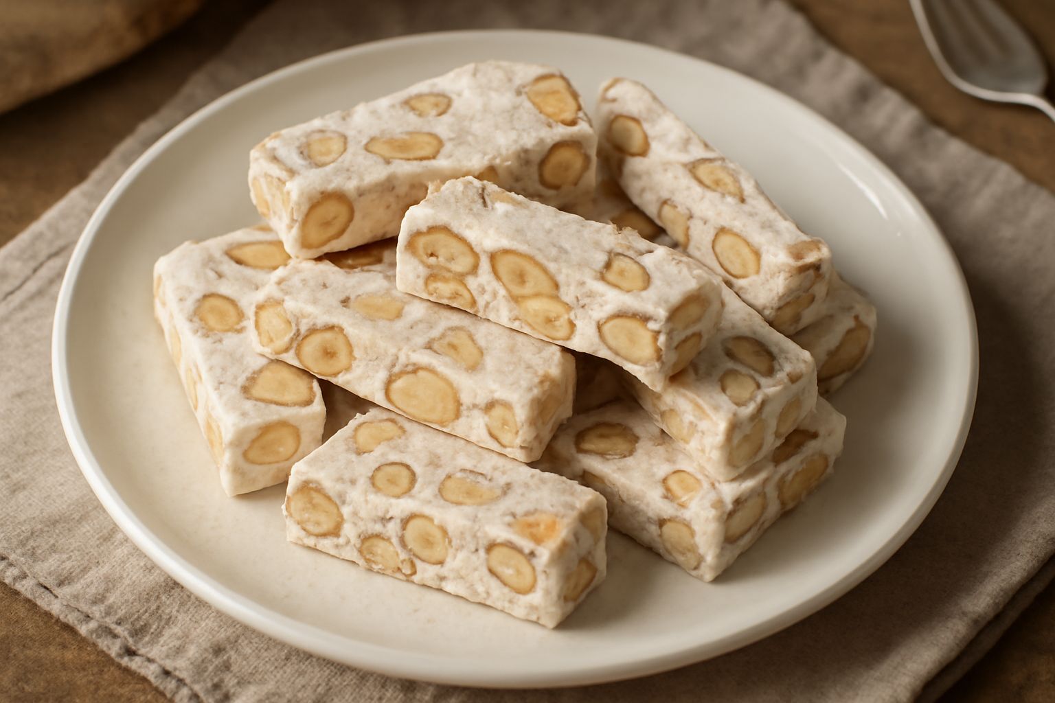 Barretta di torrone alle mandorle tagliata in pezzi, colore bianco avorio con mandorle intere visibili sulla superficie, appoggiata su carta da forno, sfondo scuro
