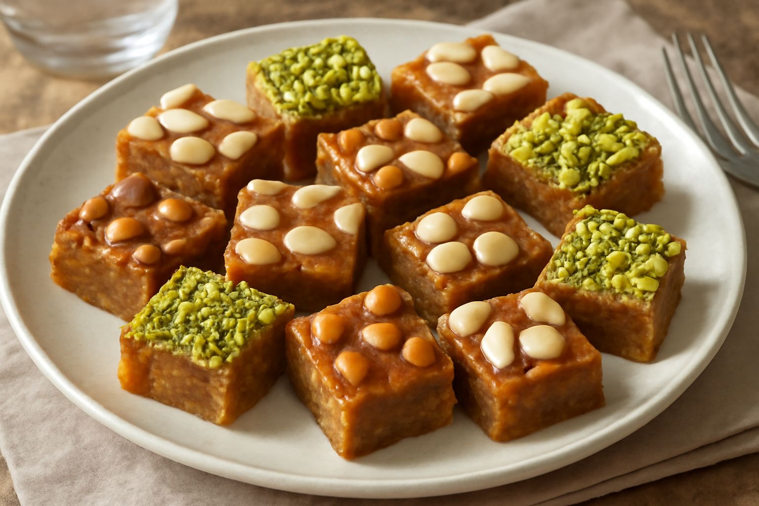 Torroni assortiti tagliati in quadrati regolari su carta bianca, mandorle intere visibili nella massa dorata, alcuni pezzi ricoperti di pistacchio verde e nocciole, base di carta da forno sull'impiatt