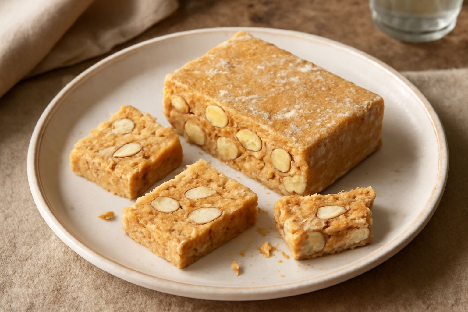 Fette di torrone calabrese con mandorle intere visibili, colore biondo dorato, spezzato su carta da forno, bordi irregolari e texture porosa e croccante