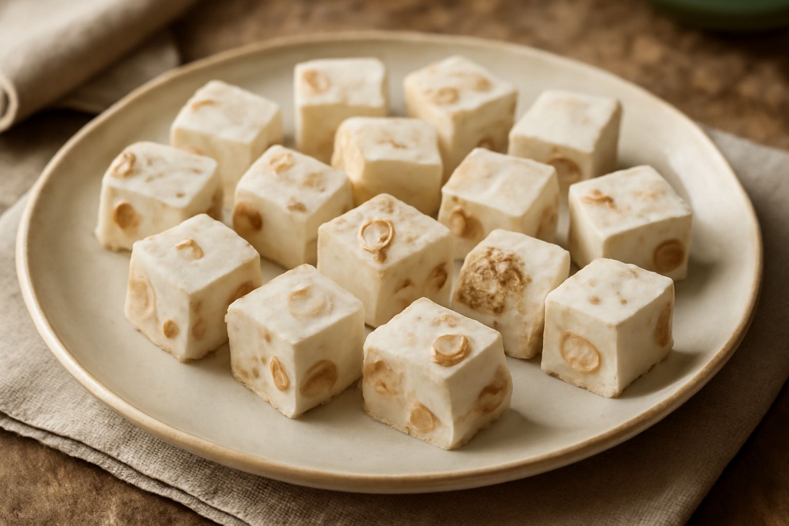 Torroni morbidi affettati in cubetti regolari su carta cerata, color avorio e beige, con mandorle intere visibili nella pasta, disposti su vassoio di legno rustico