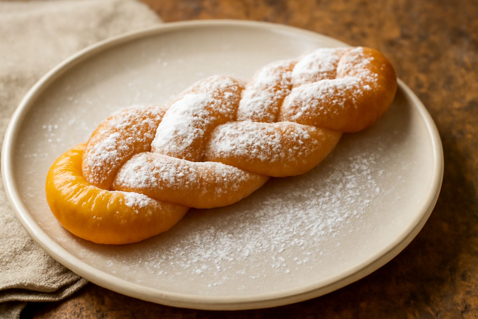 Torsade piemontese dorata disposta su piatto bianco, forma a intreccio ben visibile, glassa di zucchero a velo sulla superficie, sfondo neutro
