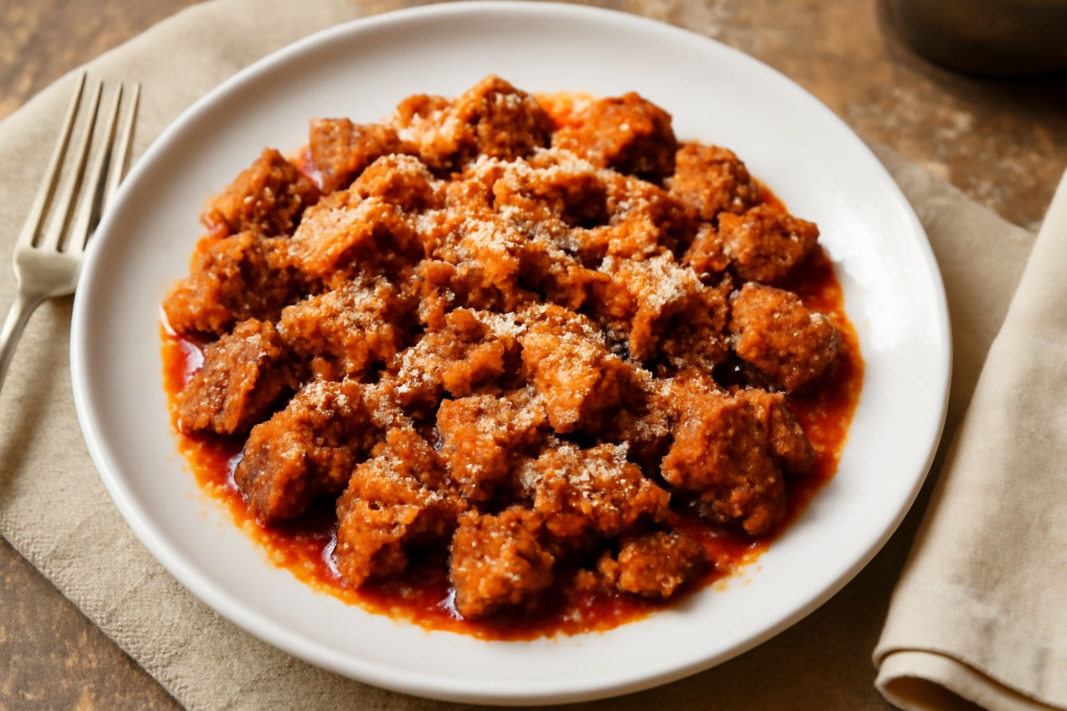 Torsella ripassata in un piatto bianco, frammenti croccanti color marrone dorato immersi in sugo rosso, spolverata di parmigiano grattugiato bianco e foglioline di prezzemolo fresco