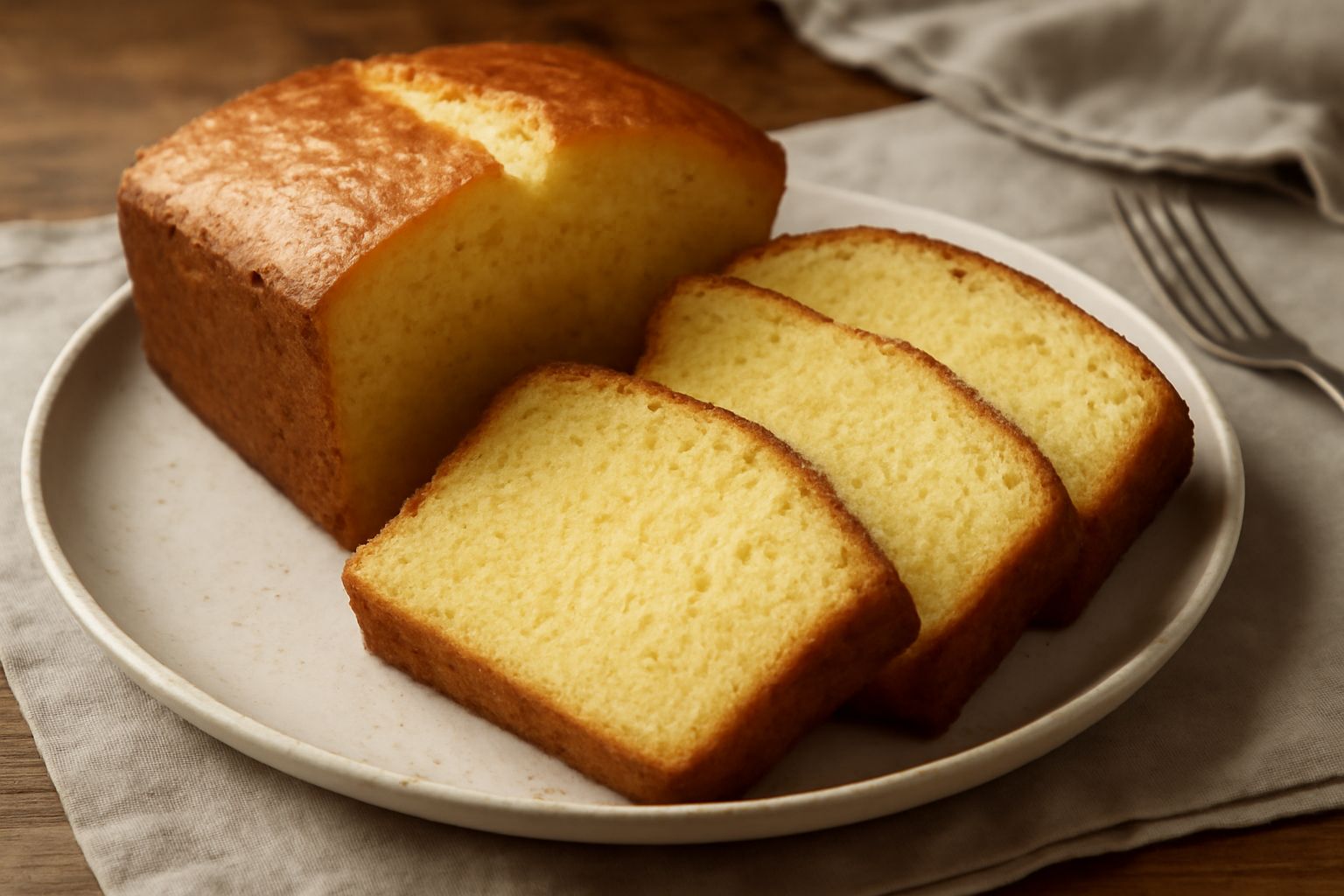 Torta soffice color giallo dorato con una spolvero di zucchero a velo sulla superficie, tagliata e servita su un piatto bianco con una fetta morbida in primo piano