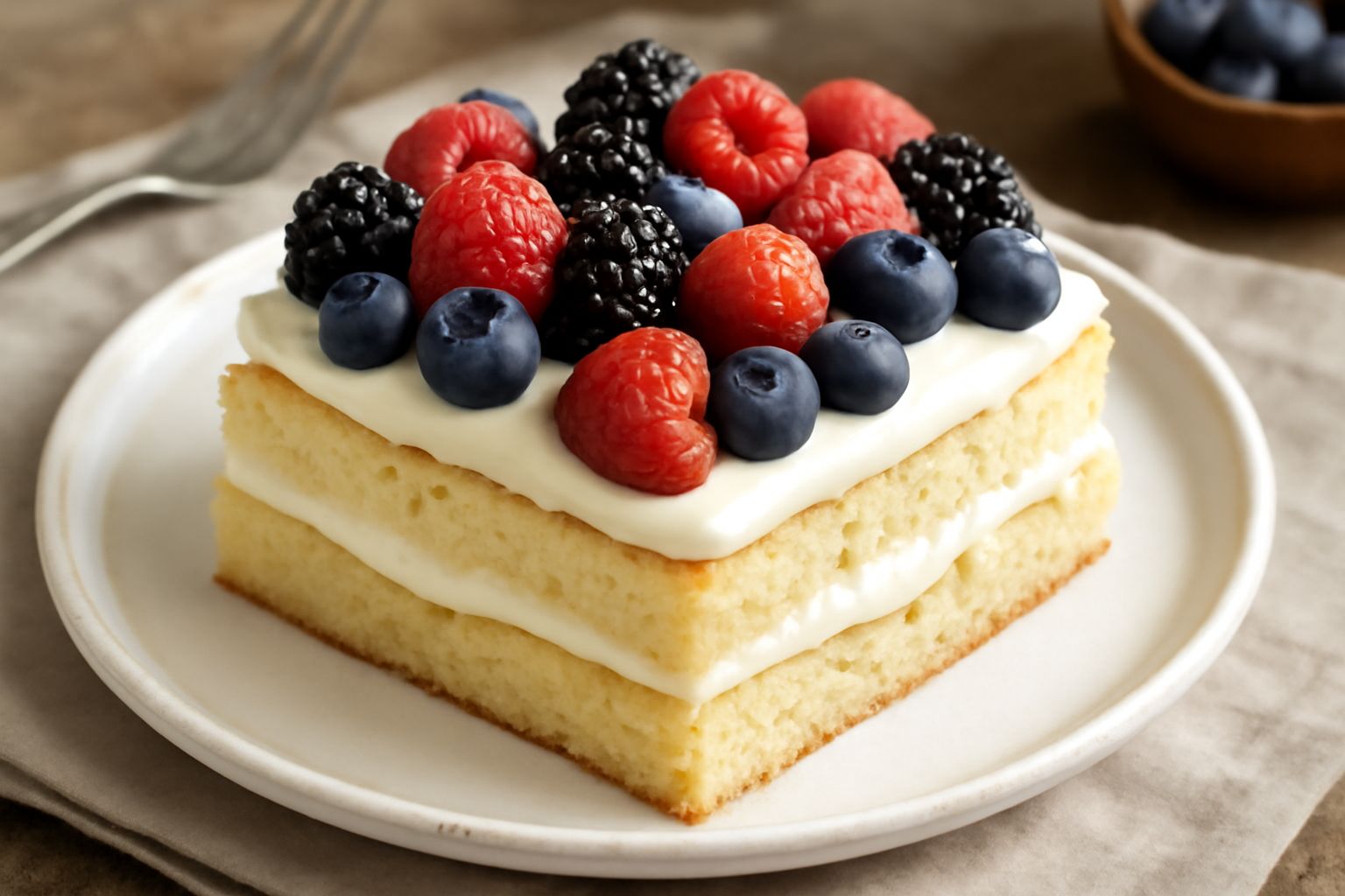 Torta ai frutti di bosco servita in piatto bianco: due strati di pasta biscotto color crema con crema bianca in mezzo, top decorato con more nere, lamponi rossi e mirtilli blu; frutti sparsi attorno a