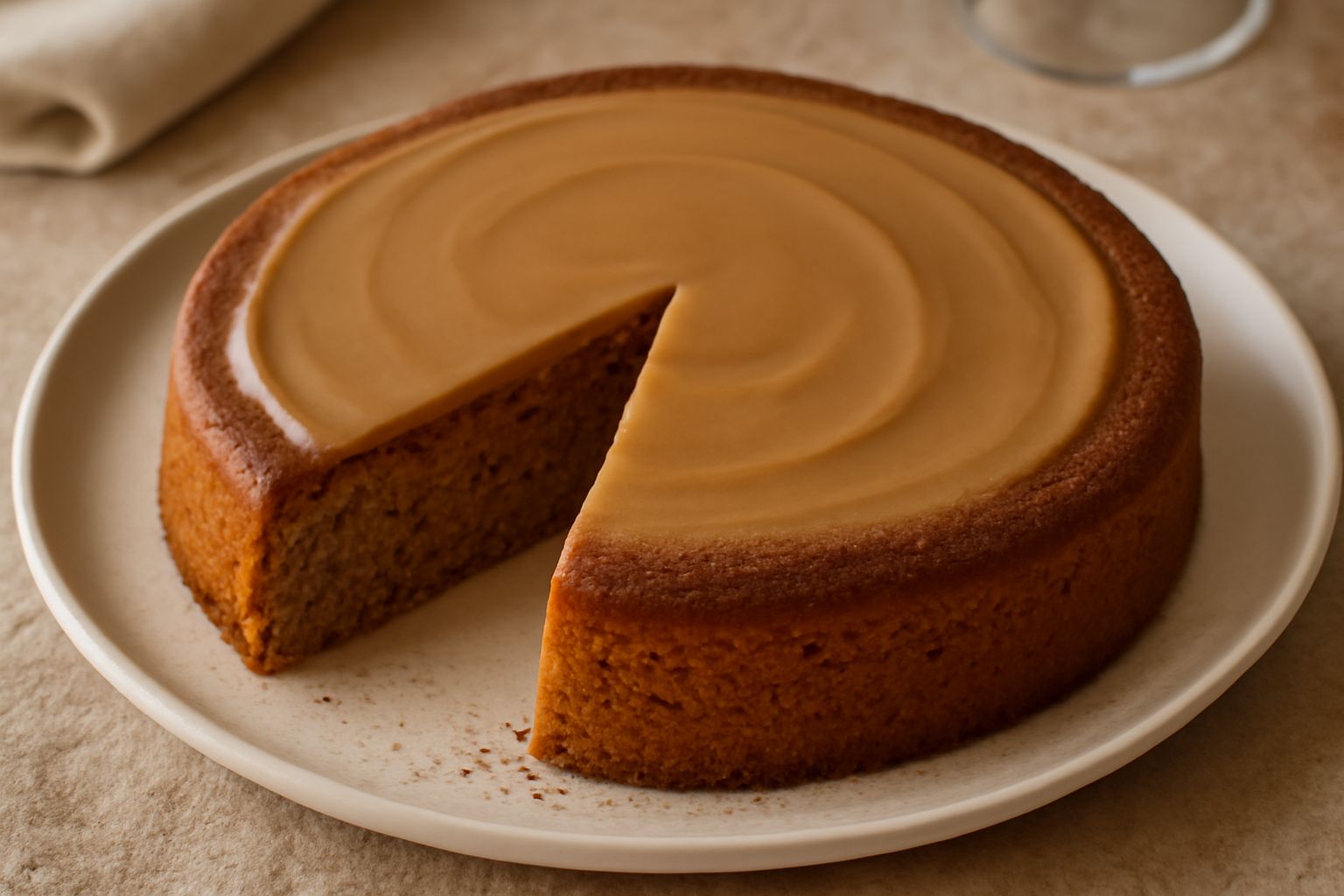 Torta al caffè tonda, dorata e uniforme, coperta da glassa caffè marrone chiaro e levigata, su piatto bianco con un taglio che mostra l'interno soffice beige.