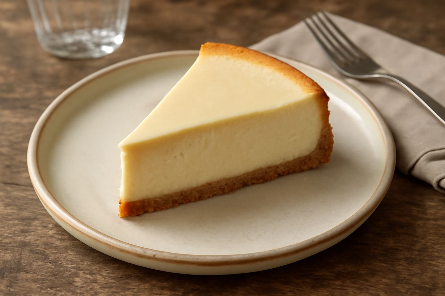 Torta al formaggio intera con superficie liscia color crema chiaro, fetta servita su piatto bianco che mostra la consistenza cremosa all'interno, decorazione leggera di biscotti sbriciolati ai bordi