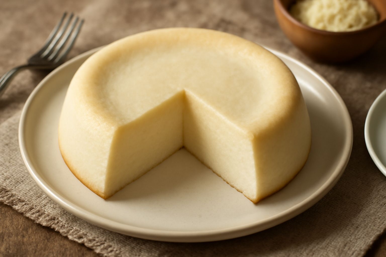 Torta al formaggio di Pasqua affettata in un piatto bianco, superficie liscia color avorio, fetta morbida che mostra la consistenza cremosa interna, decorata con zucchero a velo e una guarnizione di c
