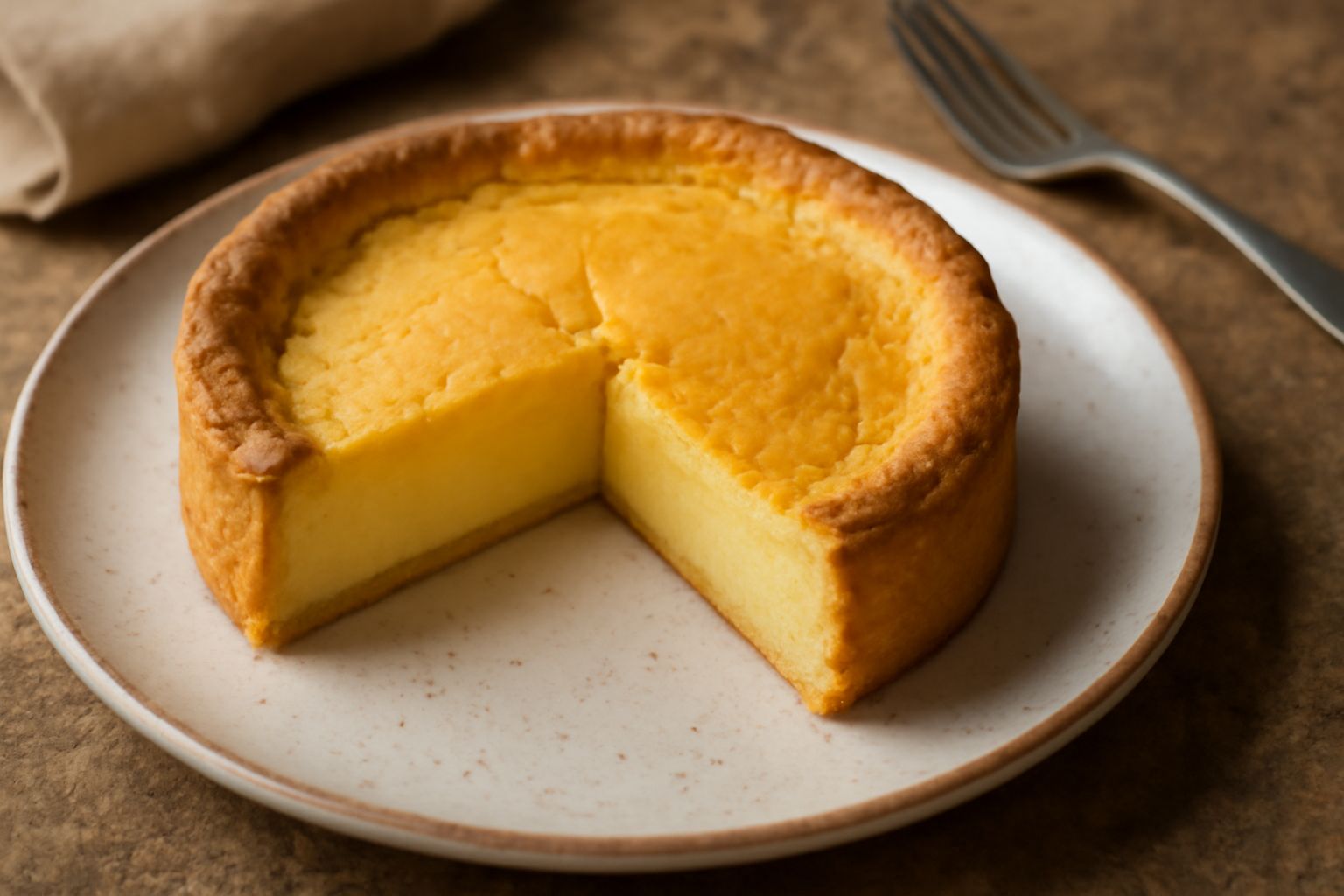 Torta al formaggio di Pesaro dorata e screpolata in superficie, tagliata in fetta, che mostra l'interno cremoso e compatto di colore giallo panna, servita in piatto bianco