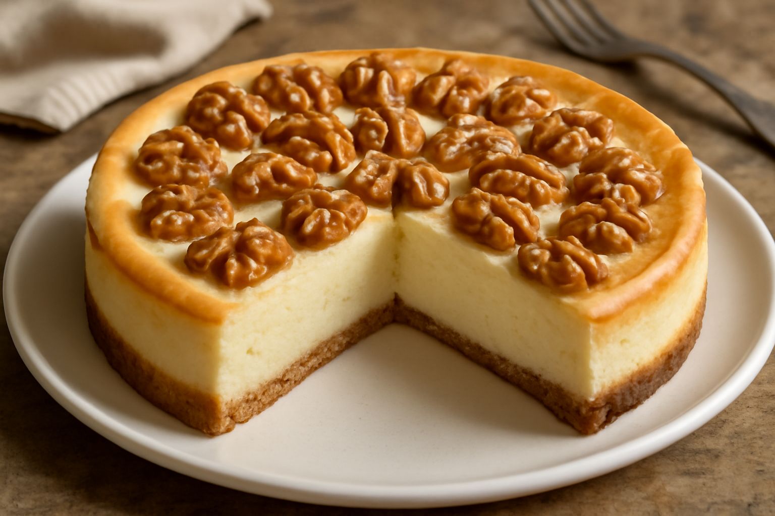 Torta al formaggio e noci intera su un piatto bianco, con crust marrone dorato alla base, corpo cremoso color avorio, superficie piana leggermente screpolata ai bordi, guarnizione di metà noci tostate