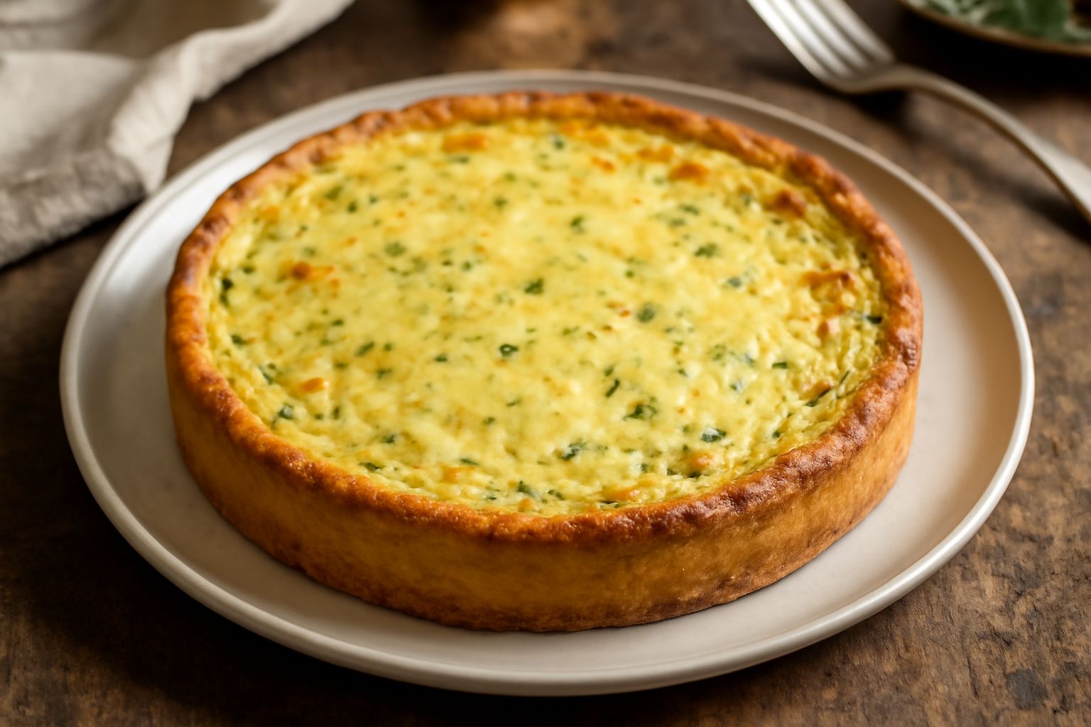 Torta al formaggio salato affettata, con base dorata e croccante, ripieno cremoso bianco e giallo, guarnita con erba cipollina e pepe nero, servita su piatto bianco