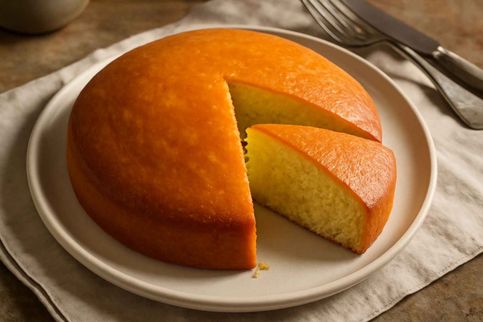Torta al forno rotonda dorata e soffice su piatto bianco, con superficie liscia leggermente abbronzata e una fetta asportata che mostra la mollica uniforme e giallognola all'interno