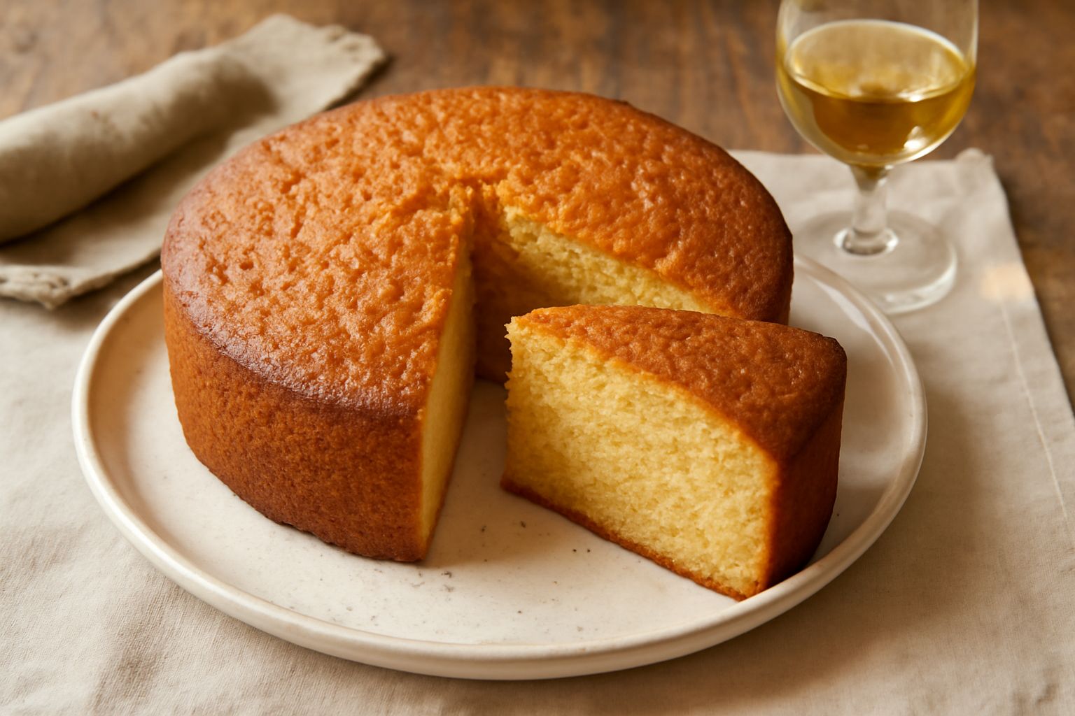 Torta al Moscato dorata a fette su un piatto bianco, con crema pasticcera, polverata di zucchero a velo, consistenza soffice e umida visibile sulla sezione trasversale