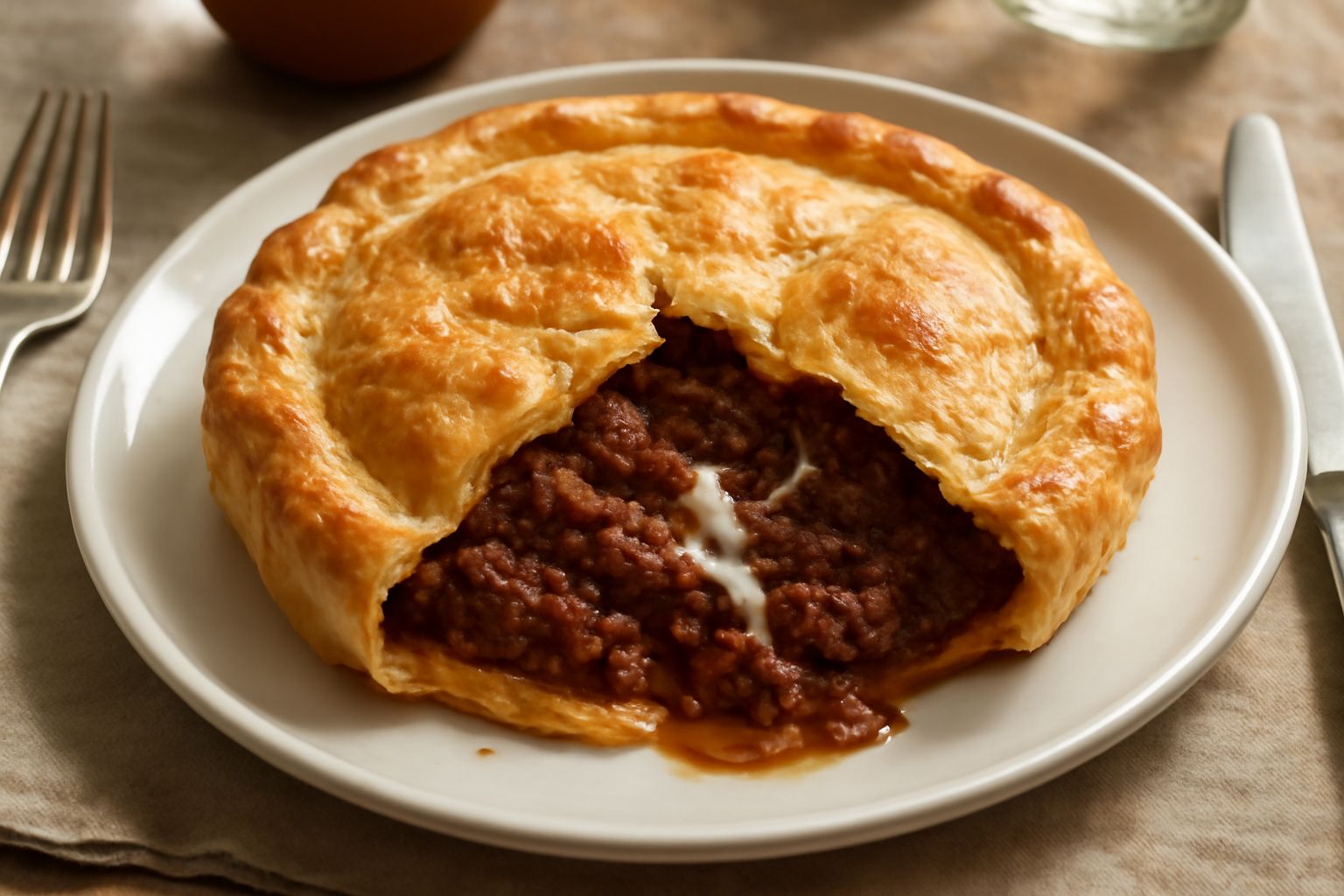 Torta al ragù appena sfornata con pasta sfoglia dorata e croccante in primo piano, spaccatura centrale che mostra il ripieno di ragù marrone scuro e formaggio fuso, servita in piatto bianco