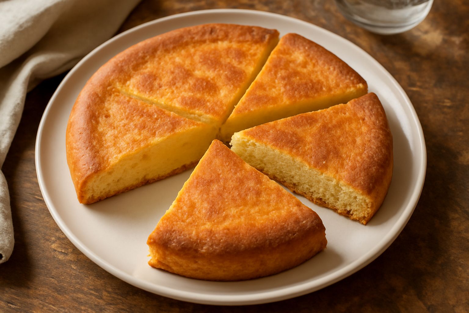 Torta al testo dolce rotonda, leggermente dorata sui bordi, con superficie liscia di colore marrone chiaro, spolvero di zucchero, affettata in spicchi su piatto di ceramica bianca