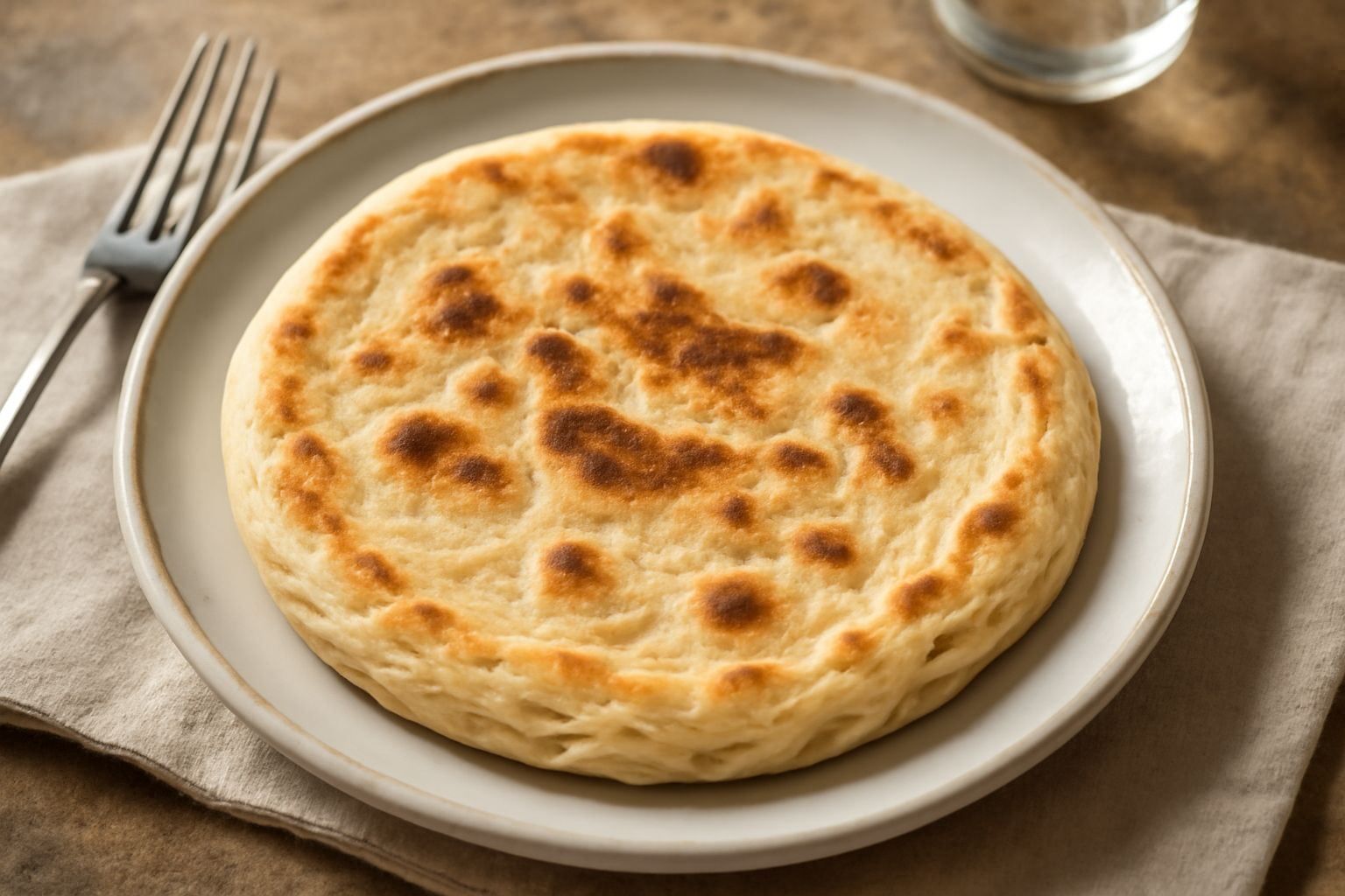 Torta al testo salata dorata su una piastra di ferro rovente, con sfoglie sottili e leggermente abbrustolite, accanto a un piatto di formaggi bianchi