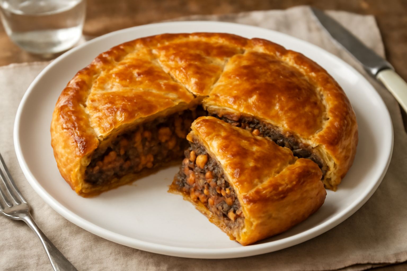 Torta all'anitra intera appena sfornata, con crosta dorata e croccante, vista dall'alto; accanto un trancio tagliato che mostra il ripieno scuro di carne d'anatra macinata mescolata a verdure