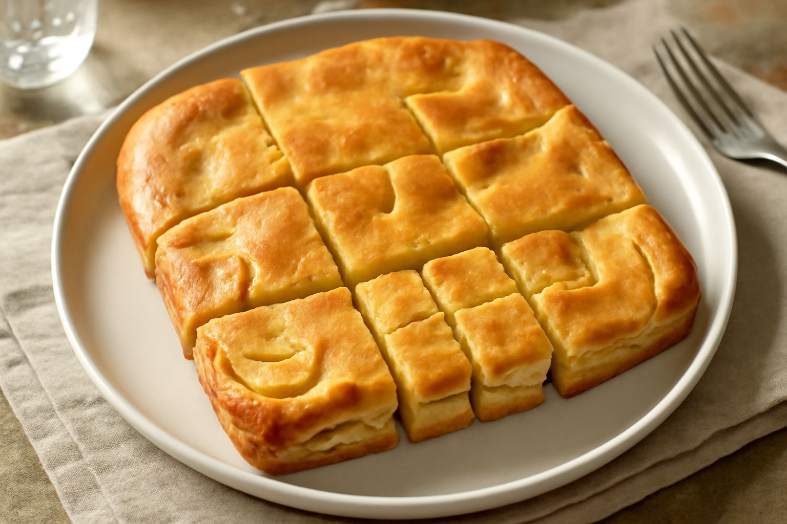 Torta alle mele salata rettangolare appena sfornata, dorata in superficie, con fettine di mela visibili sotto una leggera glassa, tagliate a quadrotti e servita su piatto bianco con contorno di rucola