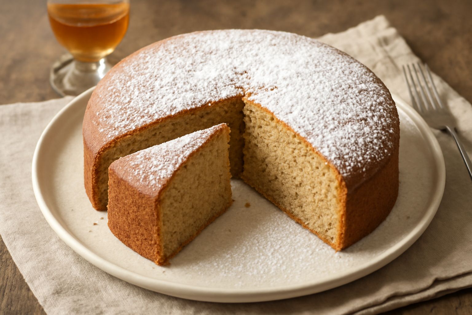 Torta alle nocciole rotonda, dorata in superficie, affettata, con interno morbido marrone chiaro, spolverata di zucchero a velo, servita su piatto bianco con nocciole tostate intorno