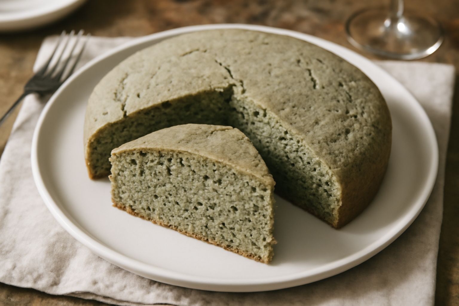 Torta alle ortiche di forma rotonda con superficie liscia color verde pallido, affettata in fette regolari, servita su piatto bianco con carta da forno contorta accanto