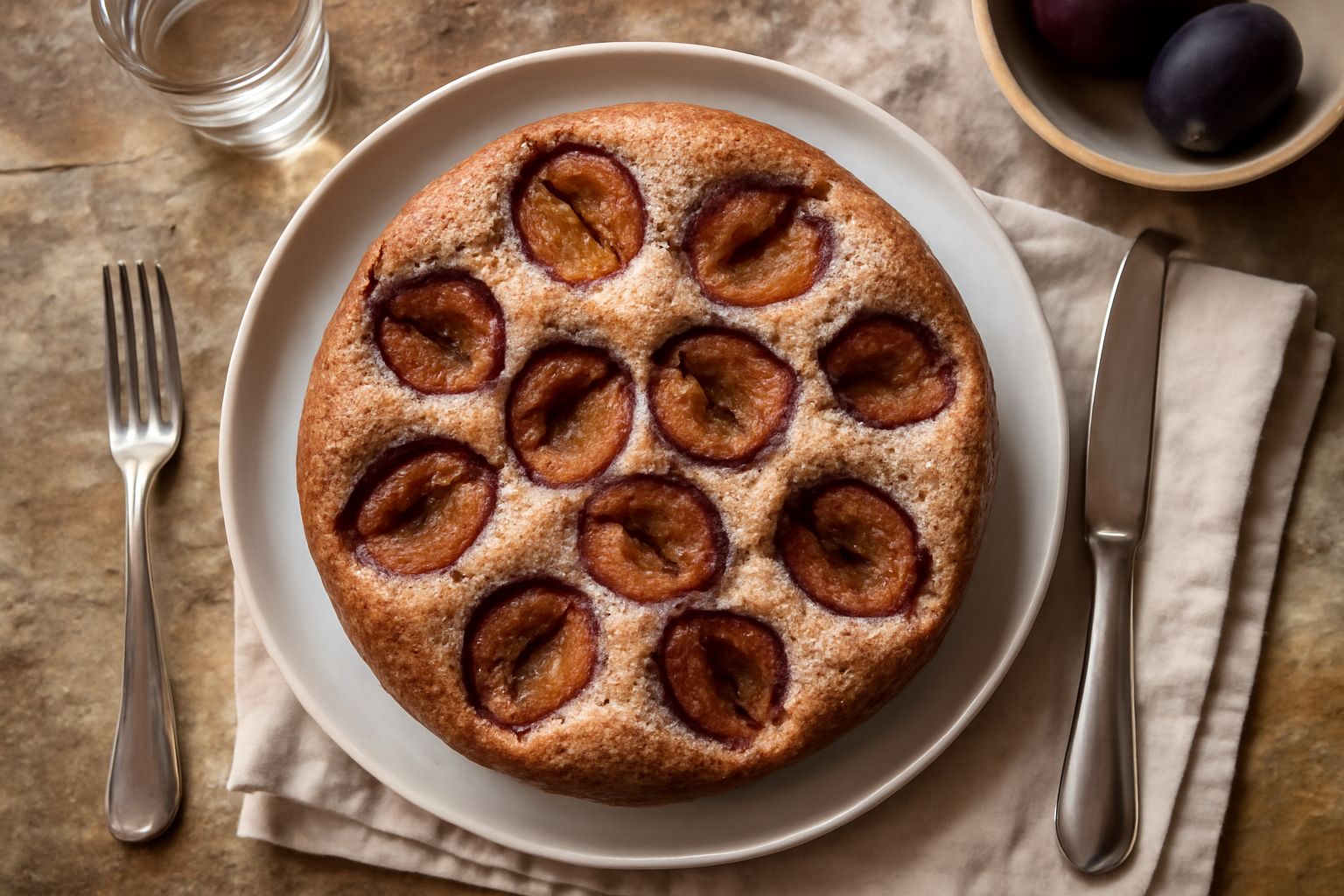 Torta alle prugne appena sfornata, con prugne viola scure sparse sulla superficie dorata, tagliata a fette su un piatto bianco con una forchetta