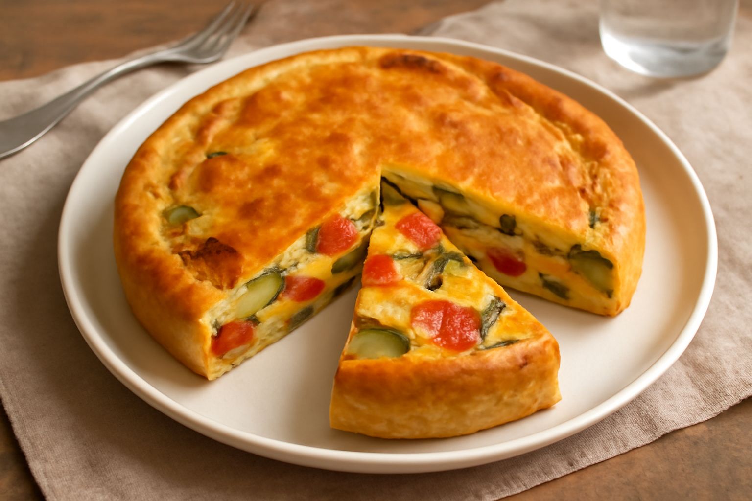 Fetta di torta salata all'ortolana con verdure colorate, strati di formaggio bianco e uova, servita su un piatto bianco con contorno di insalata verde fresca