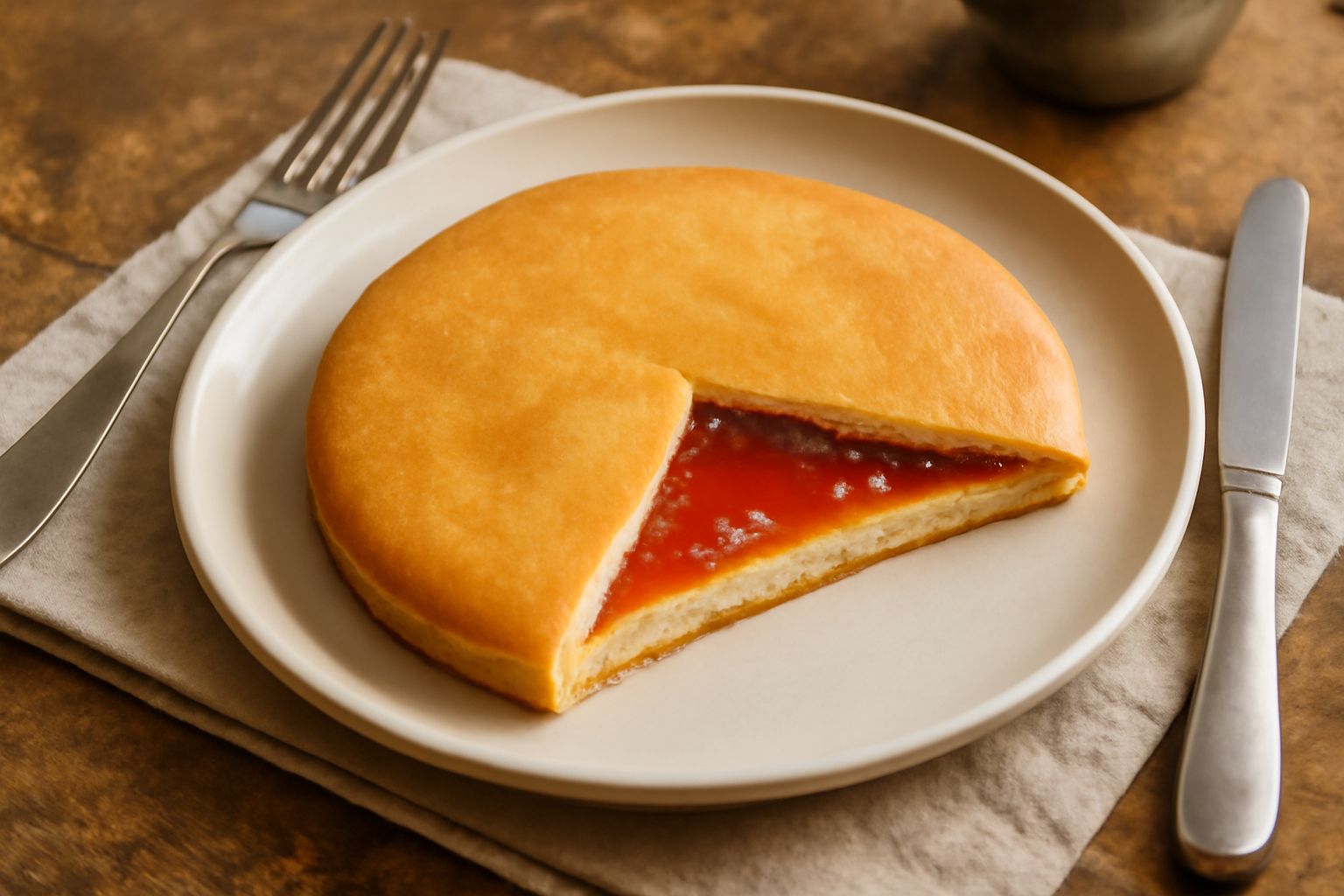 Torta baciata rotonda dorata, tagliata a spicchio, con marmellata di fragola visibile al centro, impiattata su un piatto bianco con una forchetta accanto