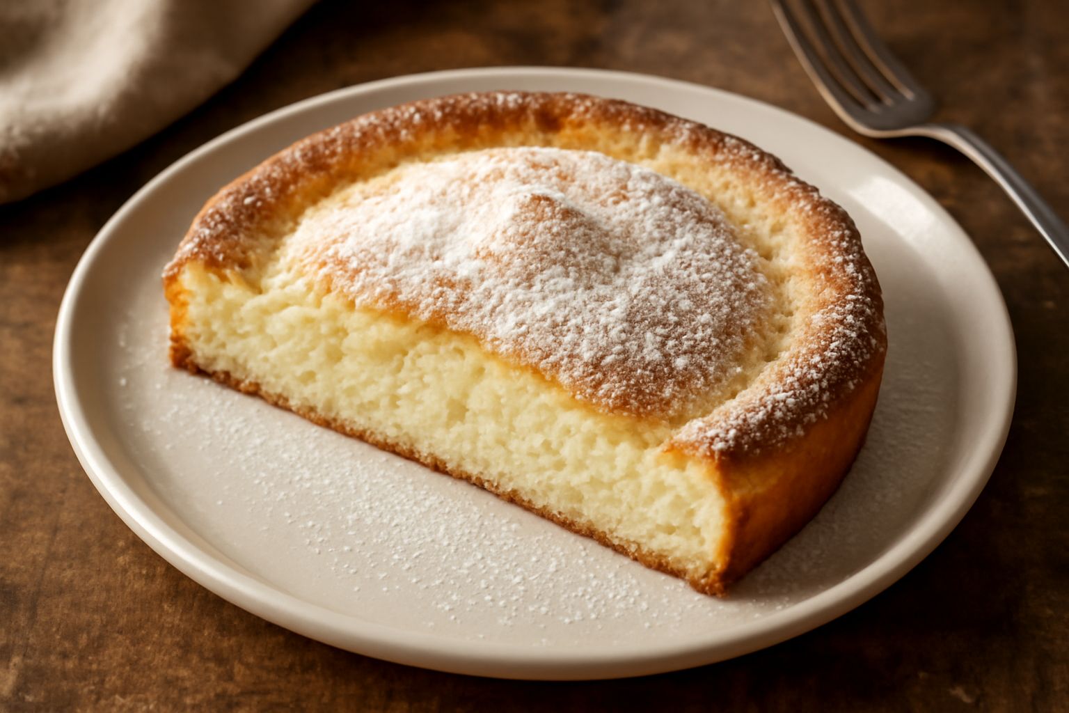 Torta baciocca tonda dorata su piatto bianco, superficie leggermente dorata e uniforme, una fetta tagliata che mostra l'interno cremoso e soffice, polverata di zucchero a velo sulla parte superiore