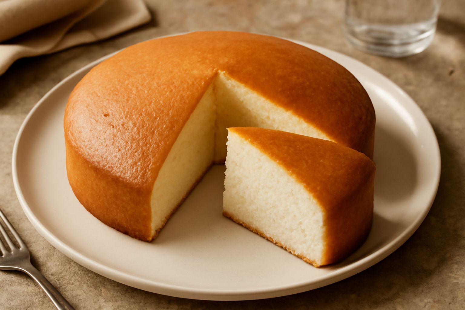 Torta baessa su un piatto bianco, intera e affettata. Superficie dorata e leggermente incrinata al centro, miolo biancastro e compatto. Fette tagliate accanto, da cui spicca la struttura soffice e uni