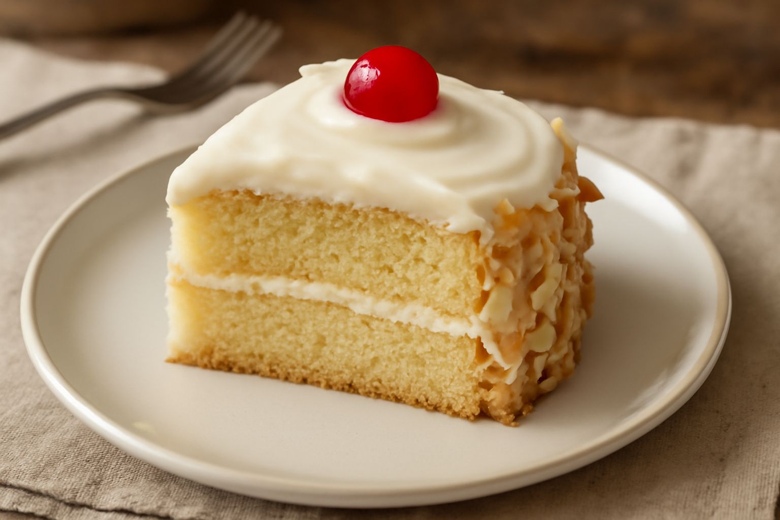 Torta rotonda a strati con spugna color panna bagnata di sciroppo, glassa bianca lucida, mandorle affettate sui bordi e ciliegia rossa al centro, tagliata a fetta su piatto bianco