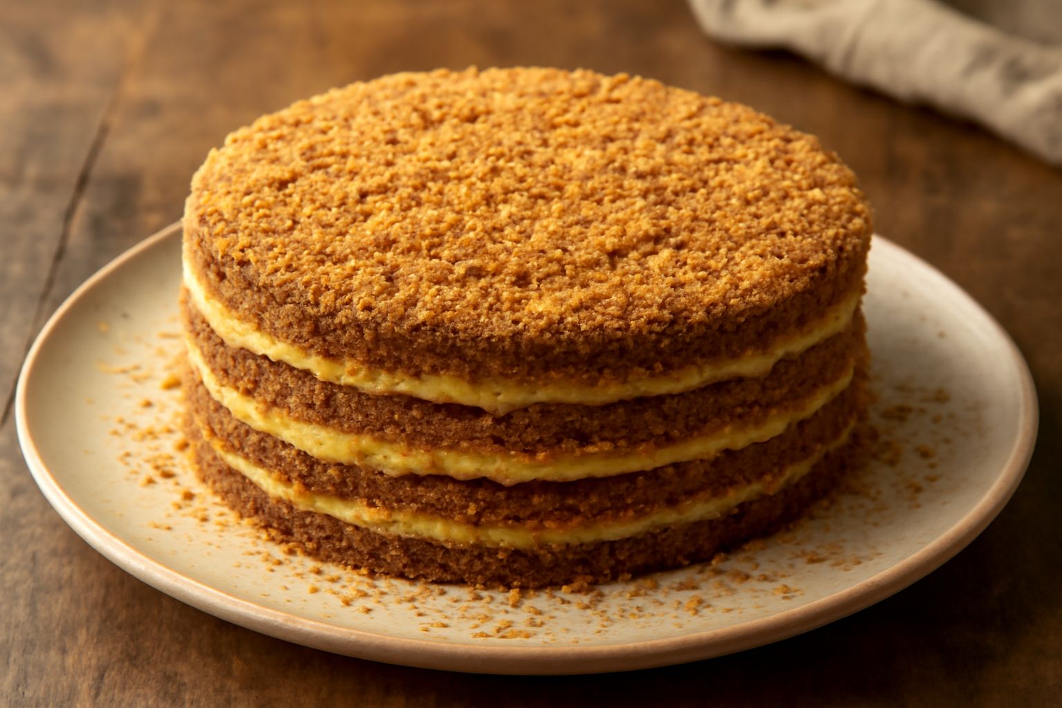 Torta baicoli affettata su piatto bianco, strati visibili di biscotti inzuppati e crema gialla, superficie decorata con biscotto sbriciolato, fetta rivolta verso la macchina fotografica che mostra la