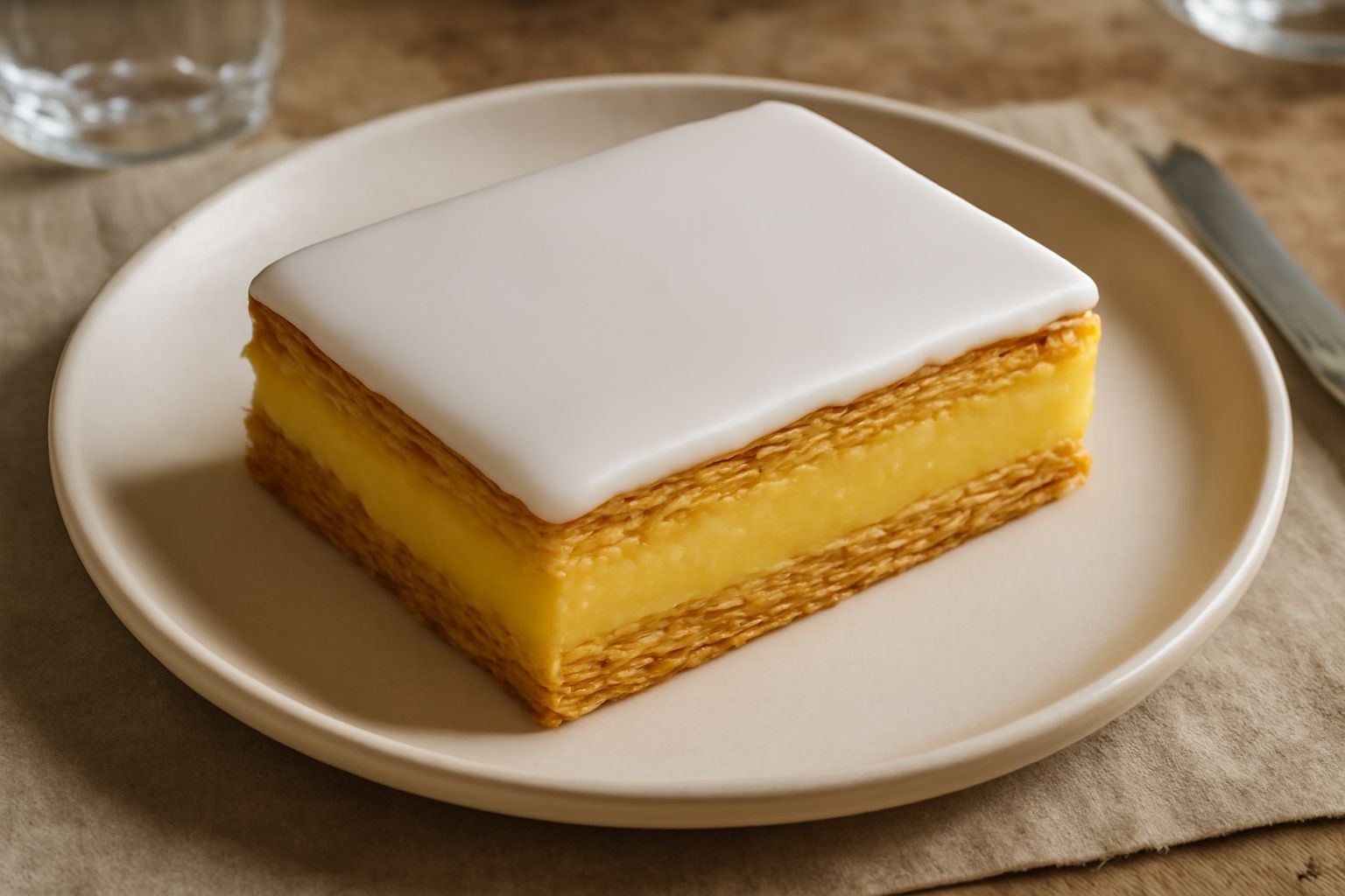 Torta barese intera coperta di glassa bianca lucida, tagliata a fette con interno ripieno di crema gialla e base di sfoglia dorata croccante su piatto bianco