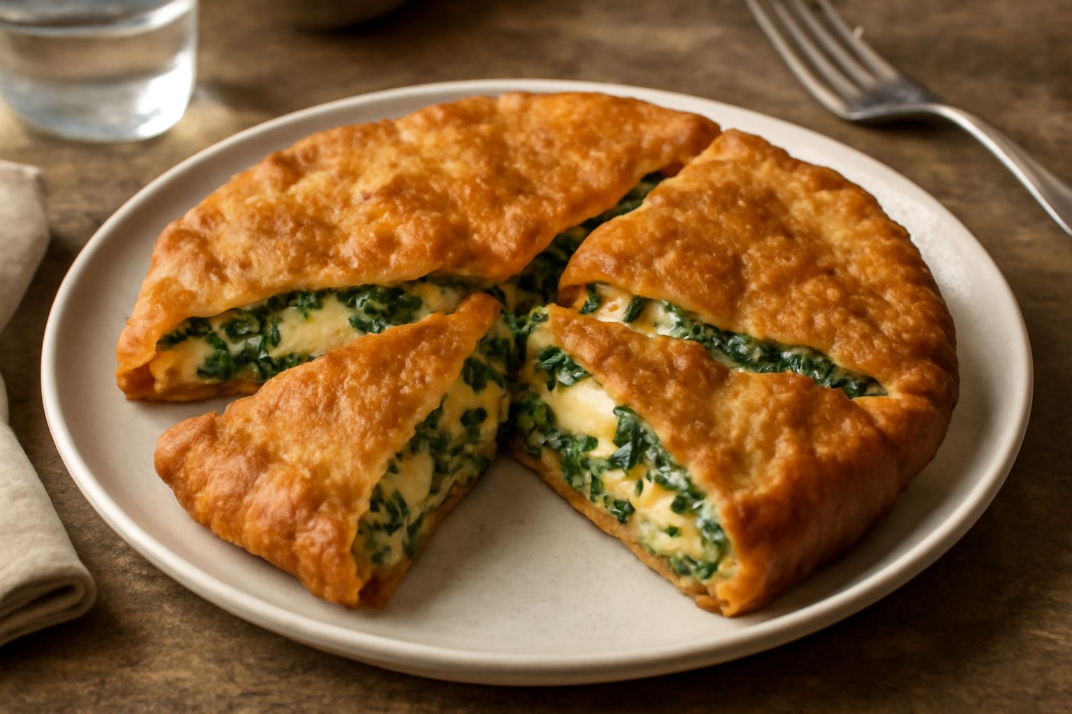 Torta barese toscana tagliata a spicchi, dorata e croccante in superficie, con interno che mostra verdure verdi, giallo di formaggio e uova cotte, servita su piatto bianco con bietola fresca di contor