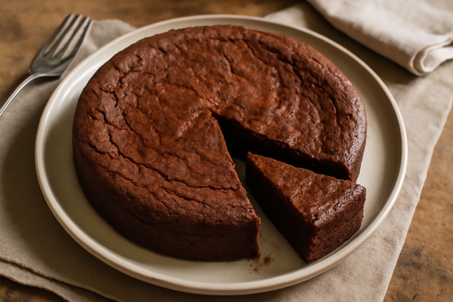 Torta barozza intera su piatto bianco, con superficie color marrone scuro screpolata, fetta tagliata che mostra l'interno morbido e umido con vene di cioccolato e nocciola, spolverata di cacao in polv