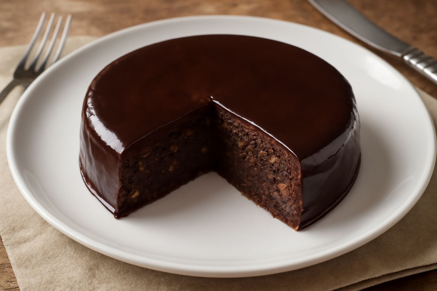 Torta Barozzi intera su piatto bianco, con glassa marrone scuro lucida, fetta tagliata che mostra l'interno ricco di cioccolato e frutta secca, superficie levigata e uniforme.