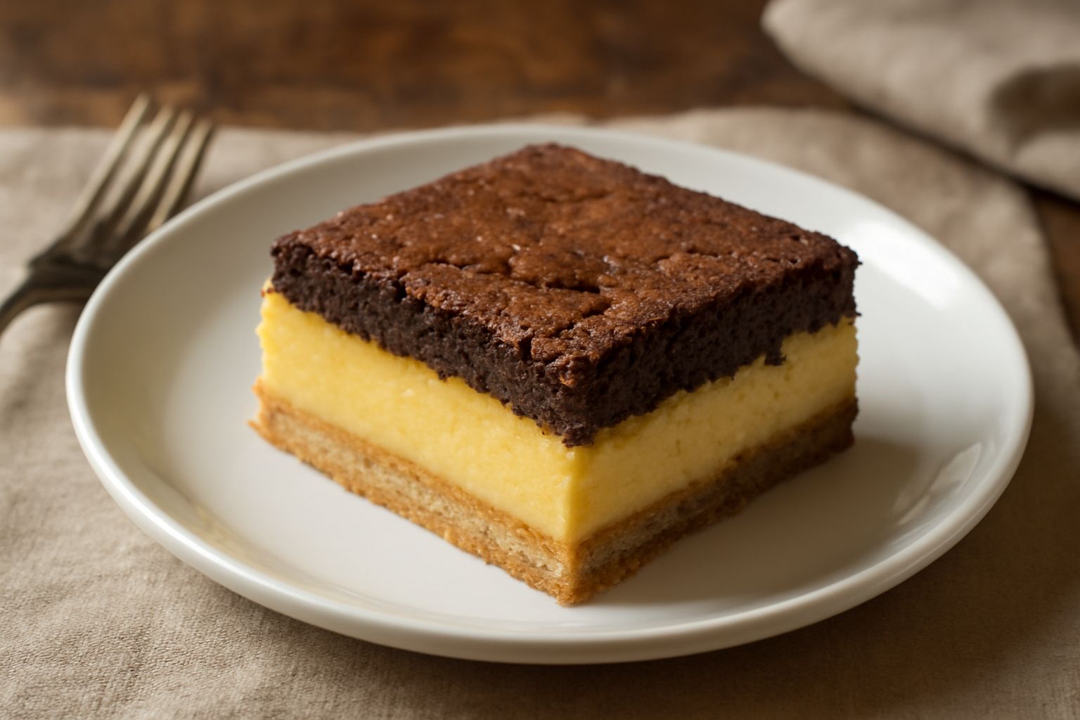 Torta Barozzi ferrarese a fette, con base di pasta frolla color nocciola, strato cremoso giallo e copertura bianca lucida di glassa, tagliata in porzioni su piatto bianco
