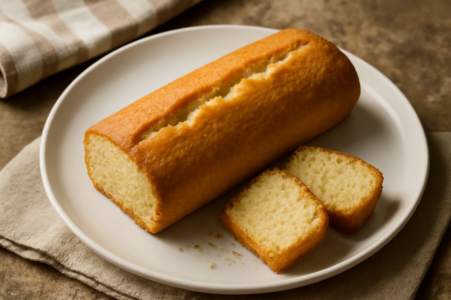 Torta bastone a forma allungata su piatto bianco, superficie dorata e leggermente screpolata, affettata per mostrare la mollica chiara e uniforme, decorata con mandorle tostate sminuzzate