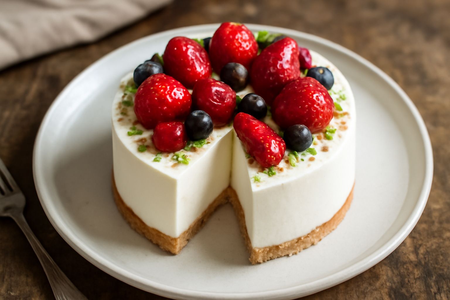 Torta bavaroise a forma cilindrica con mousse bianca panna, decoro di fragole fresche rosse sul top, base di biscotto, servita su piatto bianco con cucchiaio argentato