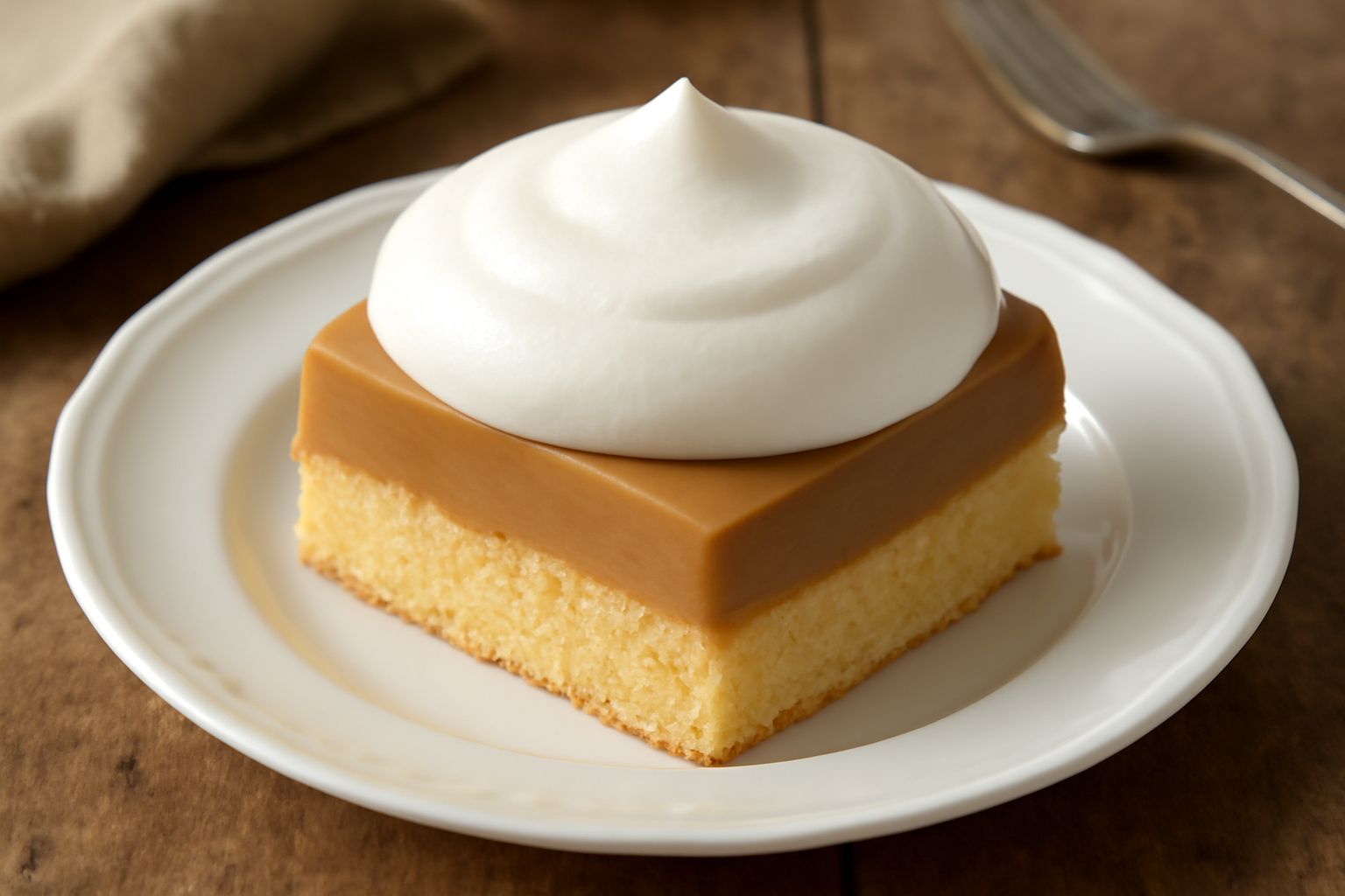 Torta budino a fette, mostra strati di pan di spagna biondo, budino giallo o marrone e panna bianca in superficie, posta su piatto bianco con cucchiaio da dessert