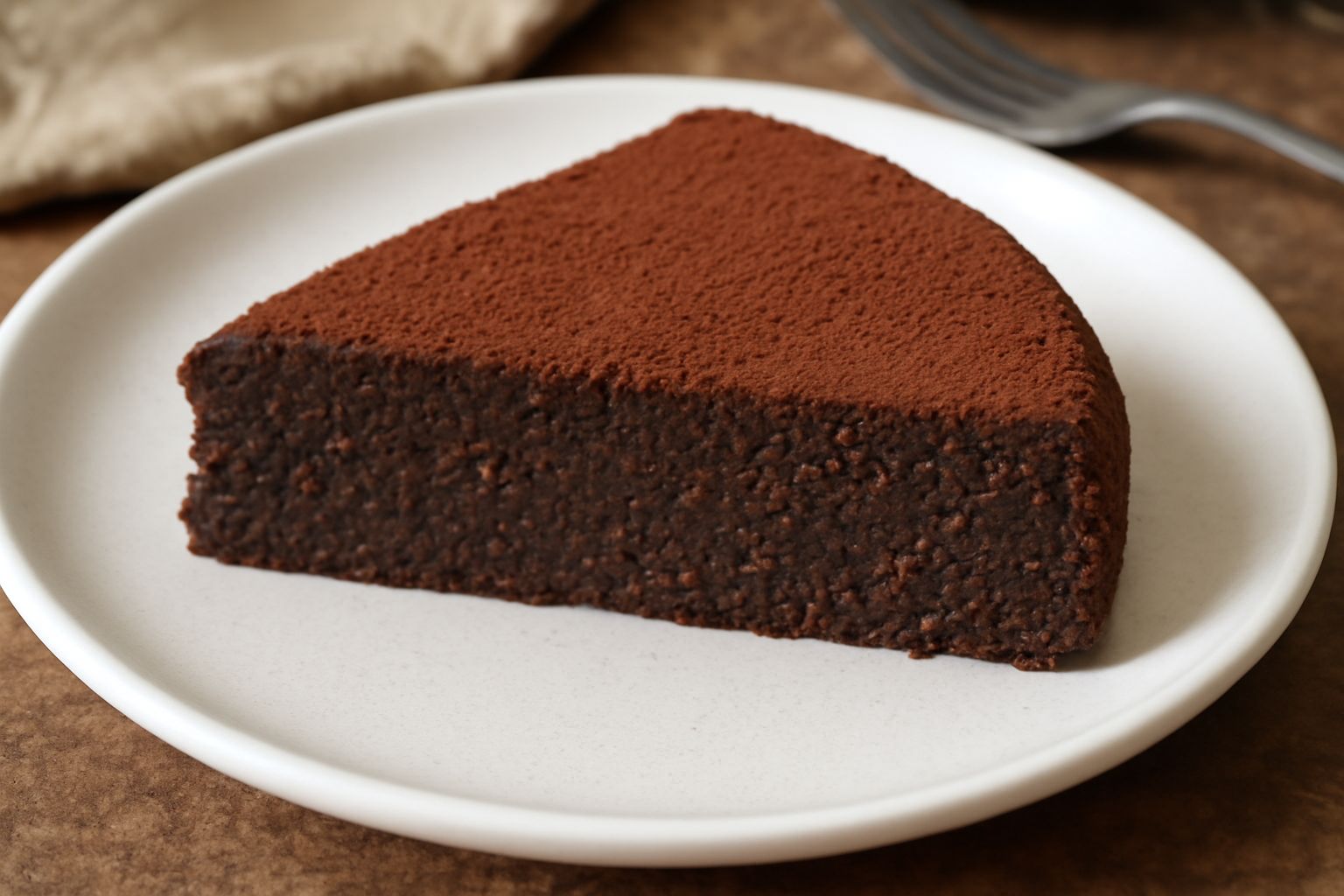 Torta caprese intera su piatto bianco, taglio trasversale che mostra l'interno scuro e umido, superficie superiore spolverata di cacao amaro, mandorle tostate visibili nella frattura, sfondo neutro