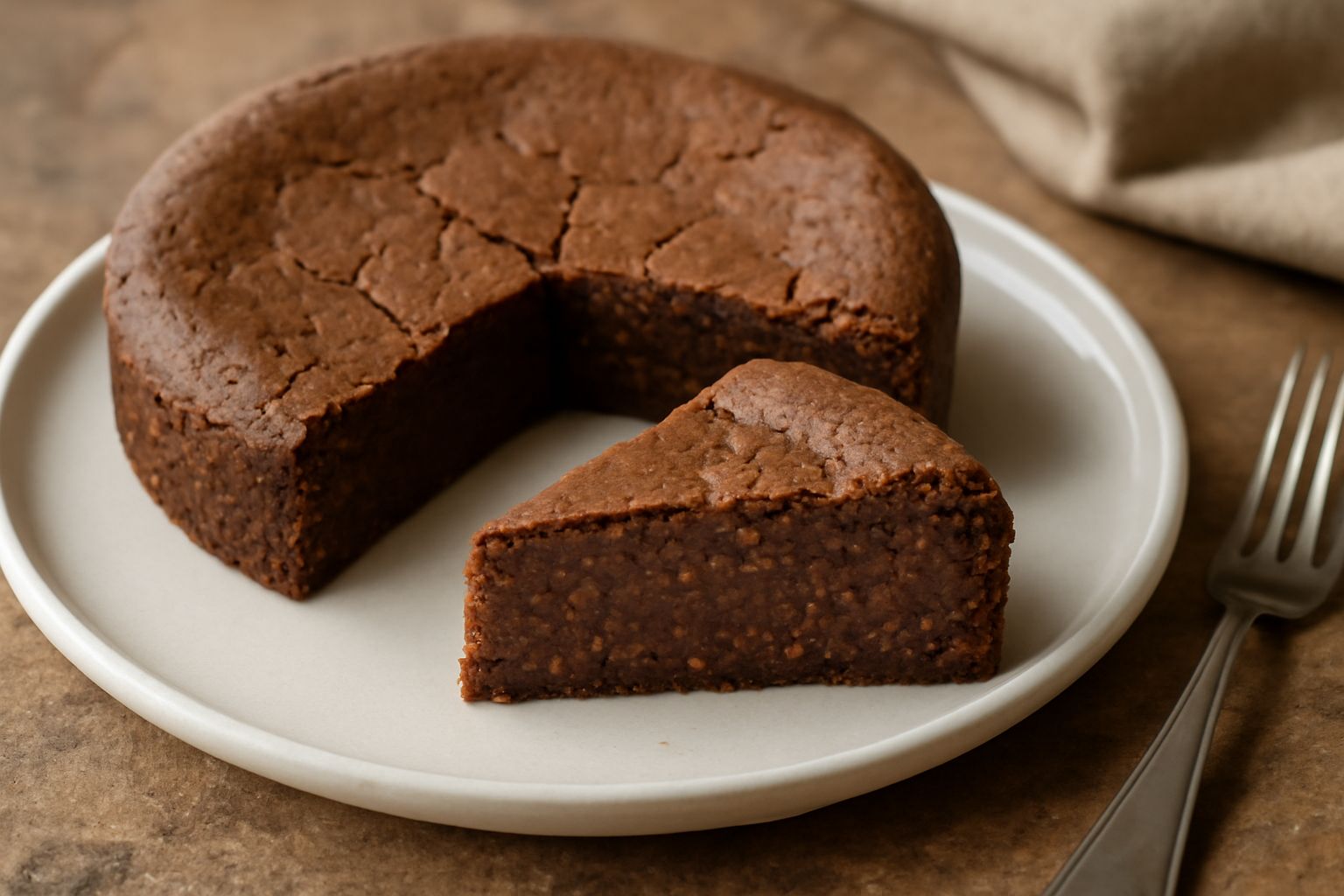 Torta Caprese trentina intera su piatto bianco: superficie marrone scuro con crepe leggere, sezione tagliata che mostra interno cremoso scuro con briciole di nocciola, polvere di cacao spolverata sopr