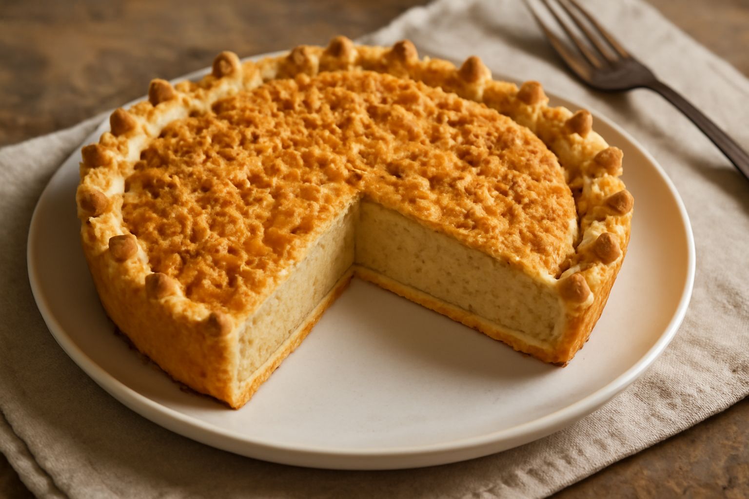 Torta rotonda con superficie dorata e irregolare, coperta da frammenti croccanti di pasta, tagliata a fette che mostrano l'interno morbido di ricotta, servita su piatto bianco con tovaglia di lino