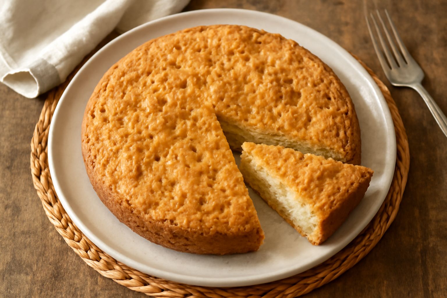 Torta tonda color oro con superficie screpolata e bucherellata, intera su un piatto di ceramica bianca, tagliata a fette in un cestino di vimini