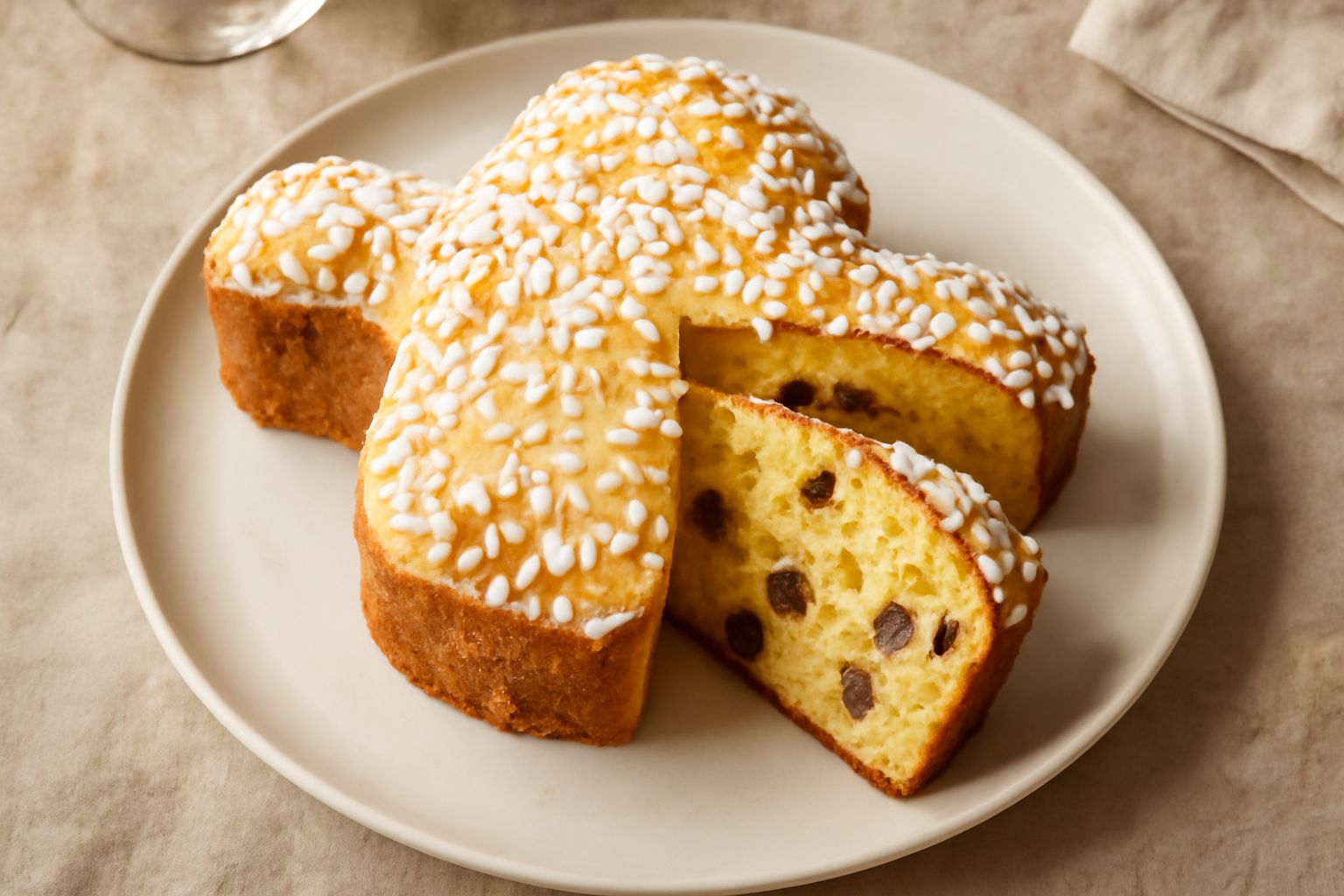 Torta colomba affettata su un piatto bianco, che mostra l'interno giallo dorato con canditi rossi e uvetta scura distribuiti uniformemente, glassa bianca sulla sommità