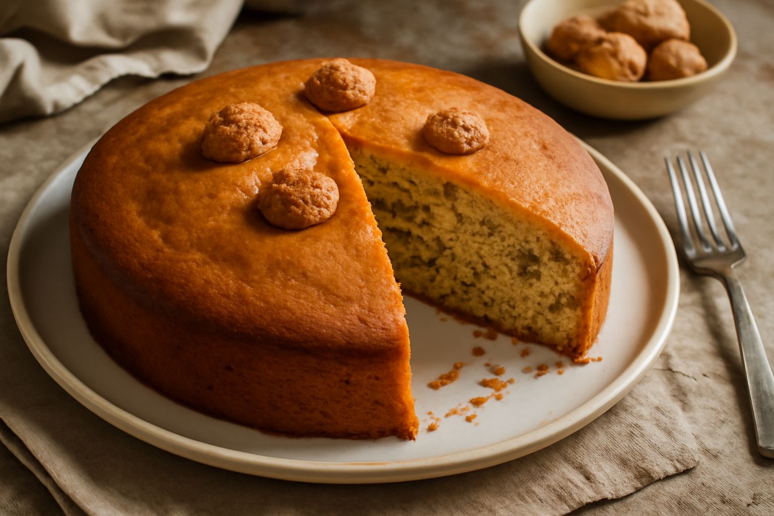 Torta tonda con superficie dorata e leggera, frammenti di amaretti visibili sulla mollica interna, fette tagliate che mostrano la crema interno chiara e porosa, servita su piatto bianco