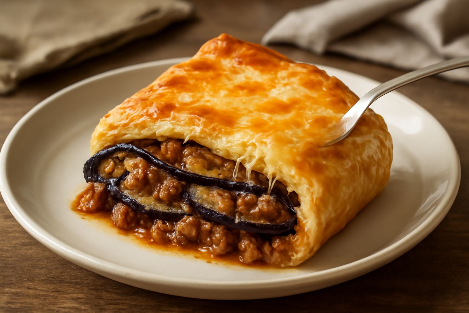 Torta salata rettangolare con superficie dorata e croccante, fette di melanzane grigliate visibili tra strati di ragù marrone scuro, formaggio fuso in superficie, impiattata su ceramica bianca con ins