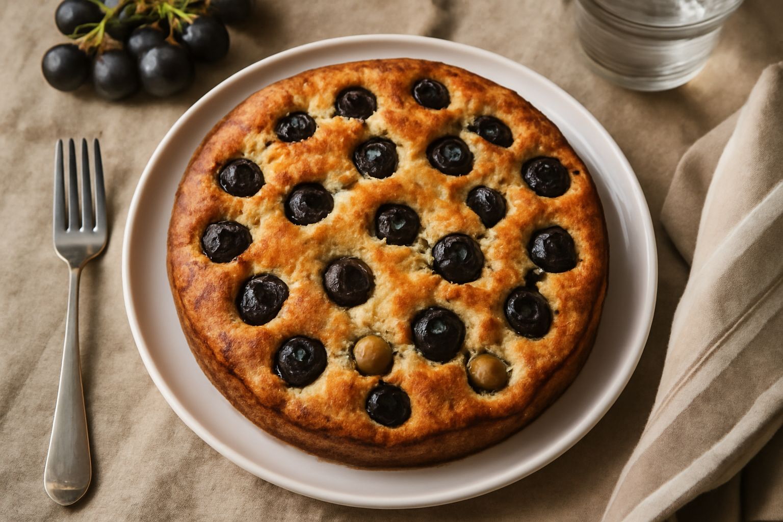 Torta con l'uva appena sfornata: superficie dorata e uniforme, chicchi d'uva scuri ben distribuiti nella pasta, con caramello agli angoli, posata su piatto bianco da dessert