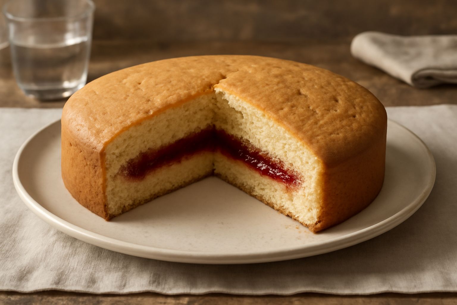 Torta rotonda dorata con superficie leggermente screpolata, glassa bianca che scende dai lati, taglio che mostra il ripieno rosso di marmellata al centro, posata su piatto bianco con tovaglia di lino